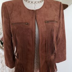 Bcbgmaxazria Reiss Sueded Fringe Jacket *Nwot* Size M Cropped Gorgeous Padded Shoulders Color:Toffee Faux Micro Suede Fringe W/Zip Closure **Please Look At All Photos And Ask Any Questions. *All Sales Final* Chic Fringe Outerwear For Work, Elegant Fitted Fringe Outerwear, Fringe Jacket, Suede Fringe, Toffee, Jackets & Coats, Jackets For Women, Women Shopping, Color