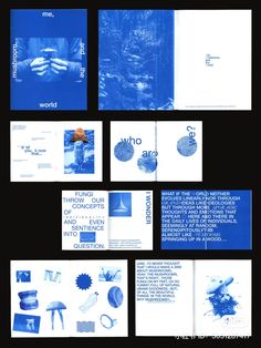 an assortment of brochures with blue and white designs