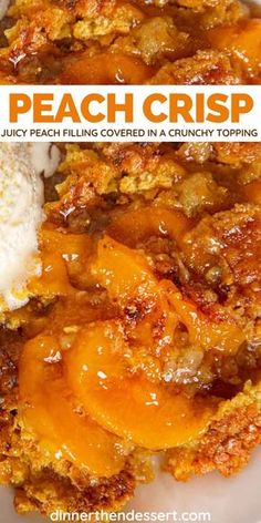 peach crisp on a white plate with ice cream and whipped cream in the middle is shown