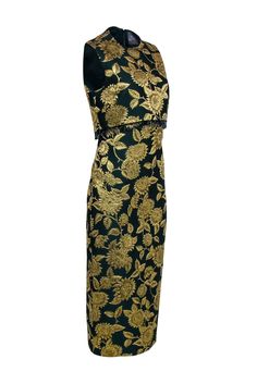 Look your best in this dazzling Lela Rose midi dress, featuring a vibrant green & gold floral jacquard print with beaded fringe bust trim. Perfect for any RSVP occasion, just add some sandal heels and a golden clutch to be the chicest guest of the night! Size 6 Shell 80% Polyester, 11% Polyamide, 9% Silk Lining 100% Polyester Invisible zipper back Sleeveless High neckline Beaded fringe trim Bust 36" Waist 32" Shoulder to hem 50.5" Gold Jacquard Party Dress, Gold Fitted Jacquard Dress, Green Brocade Party Dresses, Fitted Gold Jacquard Dress, Formal Gold Jacquard Dress, Festive Party Dresses In Jacquard Material, Green Brocade Dress For Formal Occasions, Festive Party Dress In Jacquard, Green Brocade Formal Dress