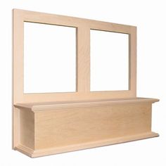 a wooden shelf with two windows on it