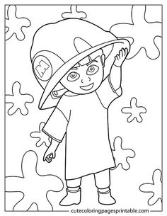 a coloring page with a girl wearing a hat and holding her hand up in the air