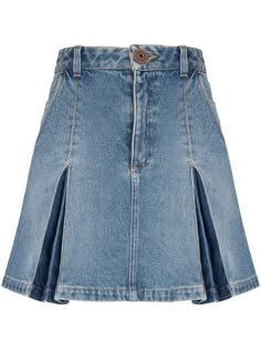 blue cotton denim high waist concealed fly and button fastening belt loops classic five pockets pleated skirt thigh-length Balmain Skirt, Dress Reference, Denim Pleated Skirt, Pleated Denim Skirt, Pleated Denim, Versace Outfit, Wardrobe Edit, Black Midi Skirt, Blue Skirt