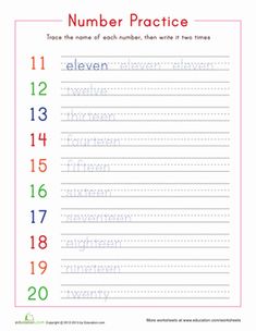 a number practice sheet with numbers and the word's name in red, green, blue