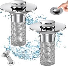 two hand held shower faucets with water splashing around them