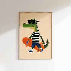 a framed art print of a cartoon crocodile with sunglasses and skateboard in his hand