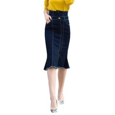 Dark blue trumpet denim skirt online. Excellent jeans skirt from the 2021 Autumn collection. The fashionable outfit helps to look modern and draws the attention of others. The deep and rich - dark blue color perfectly fits every person. An unwashed denim pattern gives a more elegant look. Choose a trumpet fit style to create flirty and feminine looks for the office, every day, or travel. High-waist will stretch your legs and raise the shape of your natural. The cotton fabric features a soft feel Fitted Flare Denim Skirt, Chic Non-stretch Mid-rise Skirt, Trendy Fitted Flare Denim Skirt, Casual Flared Fitted Denim Skirt, Fitted High-waist Denim Skirt, Fitted High Waist Denim Skirt, High Waist Fitted Denim Skirt, Fitted High Waist Dark Wash Denim Skirt, Chic Fitted Medium Wash Denim Skirt