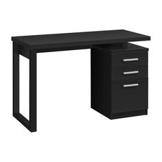 a black desk with two drawers on the bottom and one drawer at the top that is open