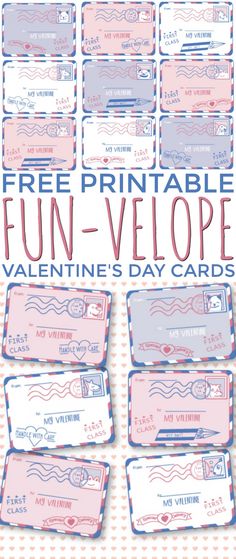 the printable valentine's day card is shown in pink, blue and white