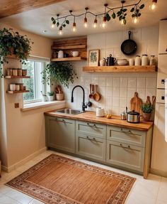 a kitchen filled with lots of counter top space and plants hanging from the ceiling over the sink