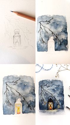 four pictures of different stages of painting with watercolors and pencils on paper