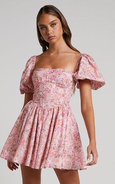 Phorchia Mini Dress - Fit and Flare Puff Sleeve Corset Dress in Fleur Print | Showpo USA Rush Outfits, Banquet Dresses, Rush Dresses, Preppy Dresses, Grad Dresses, Hoco Dresses, Mini Dress With Sleeves, Corset Dress, Dance Dresses