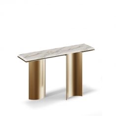 a white marble and gold colored bench with two legs on each side, against a white background