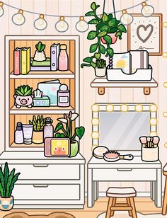 the room is decorated with plants, candles and other things to decorate on it's shelves