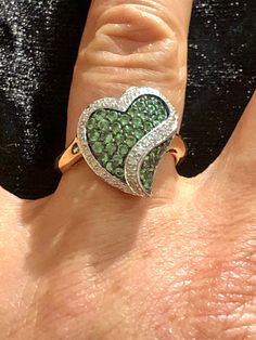 Solid 10K Yellow Gold Two Tone Diamond & Tsavorite Garnet Heart Ring Size 7 - 3.47 grams: Like New Estate Condition, with gift box . Comes with certified GSA appraisal. This ring will surely win her heart, a combination of rare gems and enduring style, it's the perfect gift for her or for yourself! See appraisal and photos for complete specs and details. Tsavorite - Color, Facts, Power, Mythology, History And Myths: The stone of benevolence, vitality, prosperity, vigor, and compassion, Tsavorite Tsavorite Ring, Garnet Heart, Tsavorite Garnet, Everyday Gifts, Rare Gems, Gold Butterfly, Green Crystals, Perfect Gift For Her, Ring Size 7