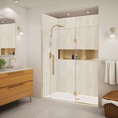 a bathroom with a sink, mirror and shower stall in the middle of the room