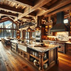 Immerse in the allure of this luxe, rustic ski cabin kitchen with reclaimed wood accents, a marble workspace, vintage cast-iron stove, and picturesque views. Perfect for après ski family gatherings. 
#SkiCabin #LuxuryKitchen #RusticInteriors #MountainLiving #CabinAesthetic #VintageStove Luxury Log Cabin Kitchen, Log Cabin Kitchen Ideas Mountain, Alaskan Home Decor, Cabin Kitchen Design Ideas, Cabin House Kitchen, Ski Cabin Kitchen, Winter Cabin Kitchen, Rustic Mountain Kitchen, Ski Lodge Kitchen