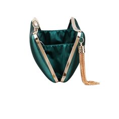 Style: GlamComposition: Silky thread, metalColor: Emerald GreenStrap Type: Gold chainClosure: Kiss lock, gold tassel accent, rhinestone knob closureMagnetic: NoPockets: Interior slipEmbellished: N/ABag Size: SmallDimensions: 8W x 6H x 4D Tassels Fashion, Fringe Bags, Tassel Bag, Ladies Clutch, Shoulder Chain, Wristlet Clutch, Clutch Purse, Bago, Evening Wear