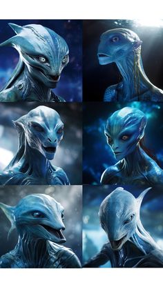 four different images of an alien with blue hair and eyes, in various stages of development