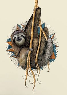 a drawing of a sloth hanging upside down on its back with long, curled legs