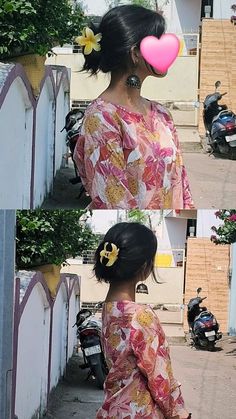 two pictures of a woman in a kimono with a pink heart on her head