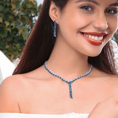 Luxury Blue Necklace For Formal Occasions, Elegant Blue Necklace For Reception, Elegant Blue Rhinestone Necklace For Formal Occasions, Blue Rhinestone Jewelry Sets For Formal Occasions, Elegant Blue Crystal Necklaces For Parties, Blue Choker Necklace, Blue Choker, Prom Jewelry, Cubic Zirconia Necklace