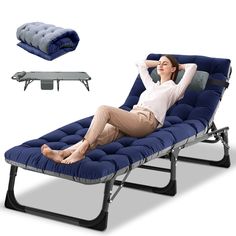 a woman laying on top of a blue chaise lounge