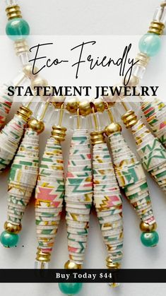 Buy sustainable statement paper bead jewelry. Elevate your look with a stunning long layering necklace, a stack of bead bracelets, or trendy dangle earrings. Each piece is handmade out of recycled paper. You'll love how easy it is to accessorize with colorful paper bead jewelry. Buy today and get FREE SHIPPING on qualifying orders. #statementbeadjewelry #sustainablejewelry Trendy Necklace, Gold And Green, Gold Paper