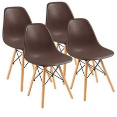 four brown plastic chairs with wooden legs