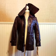 This Jacket Is In Amazing Shape, Vintage Warm Lined Bordeaux Colored Leather Jacket With Tie Cinch Waist And Side Pockets Hooded Purple Outerwear For Fall, Purple Hooded Outerwear For Fall, Vintage Purple Hooded Outerwear, Leather Jacket With Tie, Colored Leather Jacket, Coloured Leather Jacket, Hooded Leather Jacket, Bordeaux Color, Coats Vintage