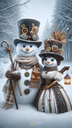 two snowmen dressed in fancy clothing and hats standing next to each other on a snowy day