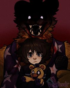 an anime character holding a teddy bear in front of a demonic looking creature with its mouth open