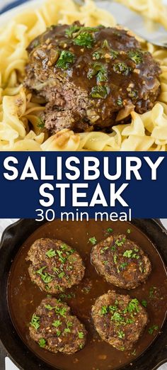 the cover of salisbury steak 30 min meal with meatballs and sauce in a skillet