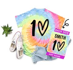 the back side of a tie - dye shirt with two matching shirts and one pair of shoes