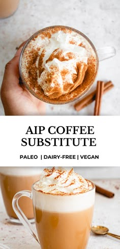 two cups of coffee with whipped cream on top and the title above it reads, air coffee substitue pale i dairy - free vegan