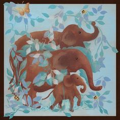 an elephant and her baby are surrounded by leaves and flowers with butterflies on the background