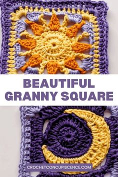 two crocheted squares with the words beautiful granny square written in white and yellow