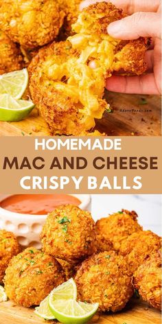 homemade macaroni and cheese crispy balls on a cutting board with lime wedges