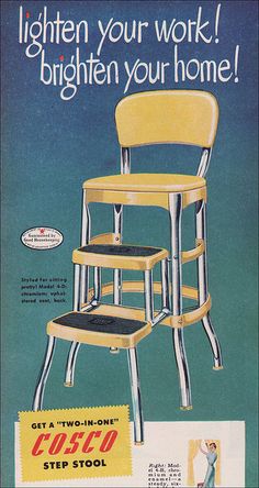 an advertisement for a chair with two stools on each side and the words, lighten your work brighten your home get a two - tone step stool