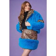 Blue Faux Fur Cropped Jacket With Leopard Print Collar | Buy Me Fur Ltd Luxury Faux Fur Leopard Print Coat, Luxury Blue Fur Coat With Faux Fur Lining, Leopard Print Faux Fur Coat, Wild Leopard, Faux Fur Cropped Jacket, Paris Style, Fur Wrap, Faux Fur Collar, Cropped Jacket