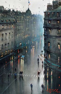 a painting of people walking in the rain at night