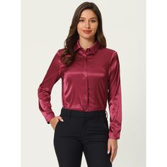 Keep your look professional and stylish in this satin shirt from Hobemty. This satin shirt can be a perfect addition to almost any outfit from formal to daily wear, great for work, meetings, office, work, casual, daily dressing, etc. Pair it with pencil skirts or suit pants for an elegant office look. Comfortable and versatile, this satin shirt can be perfect on its own or as a layer under a blazer. Sleek Collared Satin Shirt, Sleek Satin Collared Shirt, Satin Collared Top For Work, Satin Tops With Button Closure For Work, Semi-formal Satin Top With Button Closure, Satin Button-up Office Blouse, Fitted Satin Finish Blouse For Work, Elegant Satin Shirt With Button Closure, Long Sleeve Satin Office Shirt