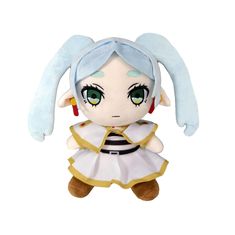 a stuffed animal doll with blue hair and green eyes, wearing a white dress on it's chest