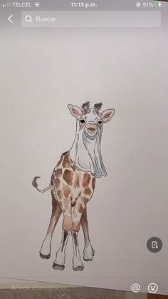 a drawing of a giraffe standing in front of a white wall