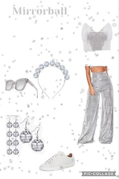 a white top and silver pants are featured in this fashion postcard with the words mirrorball