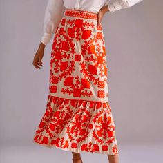 Never Worn. Fun Bright Orange Floral Embroidery Makes This Breezy Maxi Skirt Perfect For All-Seasons. Cotton Embroidered Detail Maxi Silhouette Flounced Hem Pull-On Styling Hand Wash Imported Dimensions 39.75"L Bohemian Embroidered Skirt For Vacation, Fitted Floral Embroidered Skirt For Vacation, Fitted Floral Embroidery Skirt For Vacation, Bohemian Floral Embroidered Skirt For Vacation, Bohemian Floral Embroidery Skirt For Vacation, Spring Embroidered Vacation Skirt, Spring Vacation Embroidered Skirt, Embroidered Skirt For Vacation, Summer Folk Skirt With Floral Embroidery