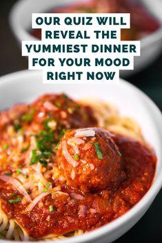 a white bowl filled with spaghetti and meatballs next to the words, 40 crock pot dinners for kids