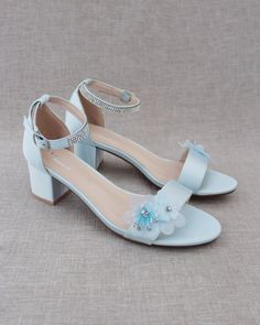 Light Blue Satin Women Sandals with Flowers Spring Bridesmaid Open Toe Sandals, Spring Prom Low Heel Sandals, Summer Bridesmaid Sandals With Block Heel, Bridesmaid Sandals With Block Heel For Summer, Spring Prom Wedding Shoes With Low Heel, Spring Bridesmaid Wedding Shoes With Low Heel, Spring Bridesmaid Heels With Low Heel, Spring Bridesmaid Low Heel Heels, Spring High Heel Sandals For Bridesmaids