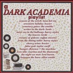 a poem written in the language of dark academa, with various records on it