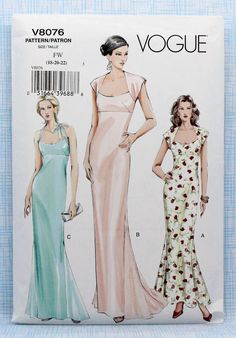 two women's dresses and one woman's evening gown sewing pattern